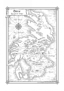 Das Bild zeigt eine Landkarte des fikitiven Landes Ostris, einer Insel im Ozean, das die Hauptrolle im Fantasy-Roman "Der Aschenbursche" von J. B. Hofeditz spielt
