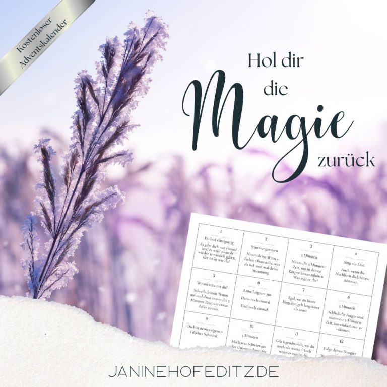 Hol dir die Magie zurück - Bild eines eisüberzogenen Grashalms, davor ein Ausschnitt eines Adventskalenders von Janine Hofeditz
