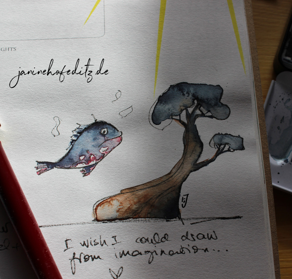 Aquarellierte Ink Skizze eines Fisches und eines stilisierten Baumes .