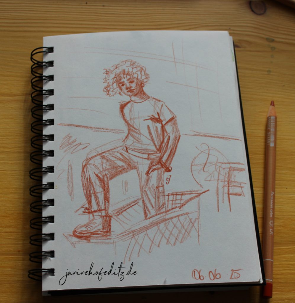 Buntstiftskizze einer jungen Frau.