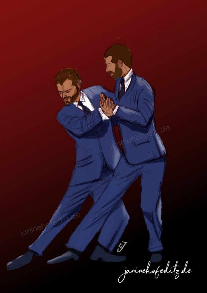 Digitale Zeichnung von zwei Tango tanzenden Männern im blauen Anzug.