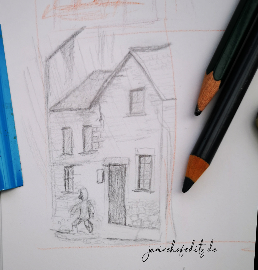 Bleistiftskizze eines Kindes das durch den Regen hüpft