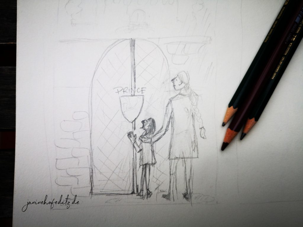 Eine Mutter mit ihrem Sohn, die vor einem verschlossenen Tor steht. Snapetober Day 8
