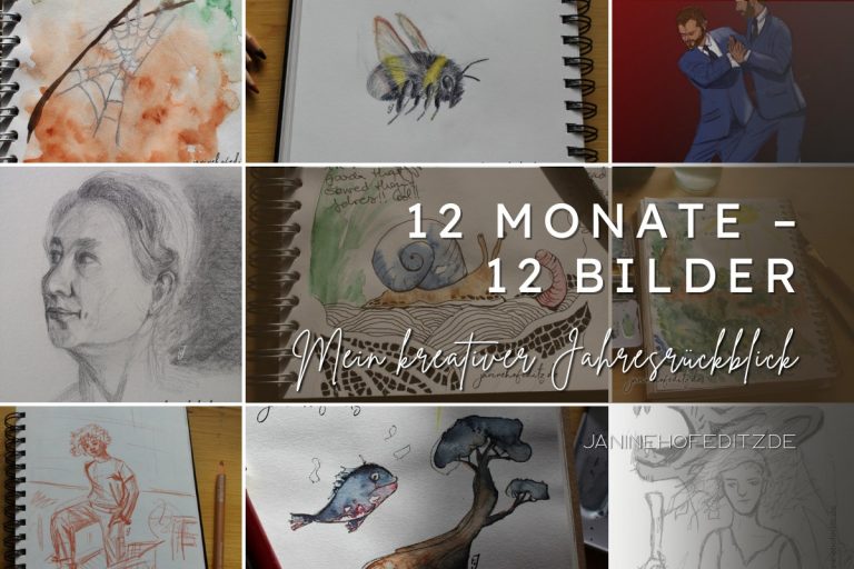 Bildcollage kreativer Jahresrückblick mit Aquarellen, Bleistiftskizzen und Doodles