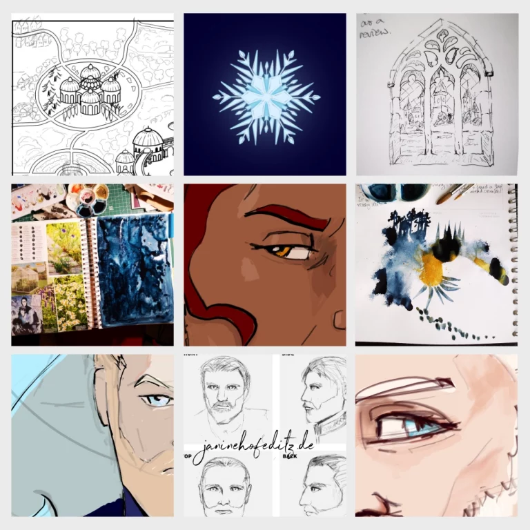 Eine Collage aus Charakterillustrationen, Aquarellen und kurzen Zeichnungen