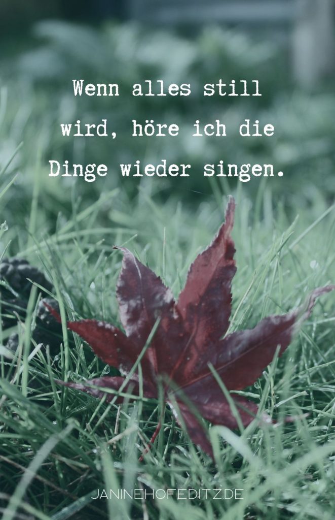 Ein rotes Ahornblatt im Gras mit dem Zitat: Wenn alles still wird, höre ich die Dinge wieder singen.