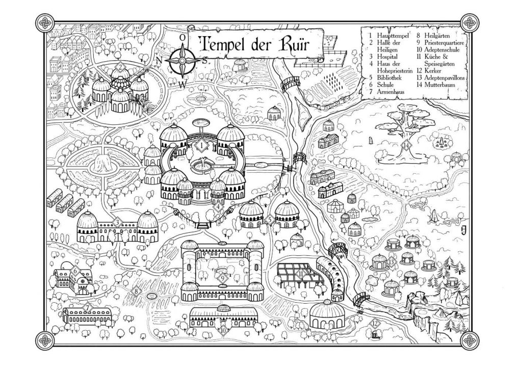 Eine Tempelkarte für den Tempel des Frühlings, ein Ort aus dem Fantasy-Roman Der Winterpriester von J. B. Hofeditz