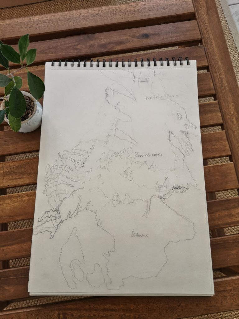 Bleistiftskizze für eine Fantasy-Landkarte von J. B. Hofeditz