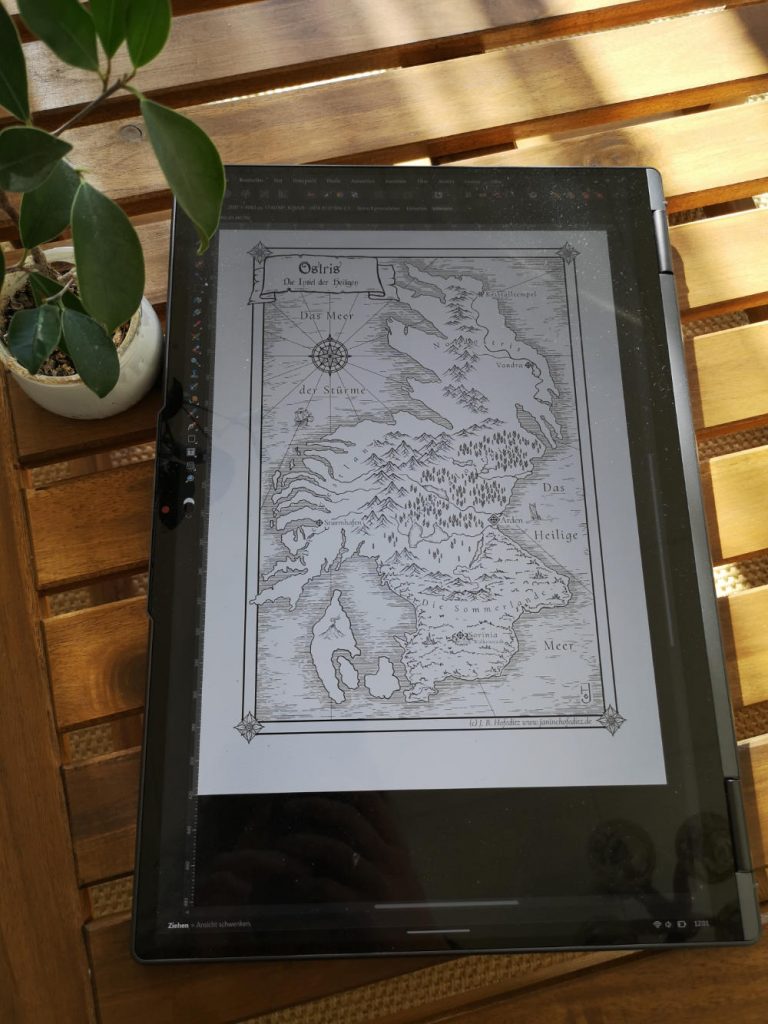 Fantasy-Landkarte des Landes Ostris aus dem queeren Romantasy-Märchen Der Aschenbursche von JB Hofeditz