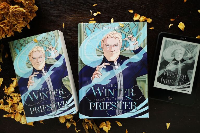 Blogbanner zeigt das Fantasy-Buch Der Winterpriester als Taschenbuch, Hardcover und E-Book