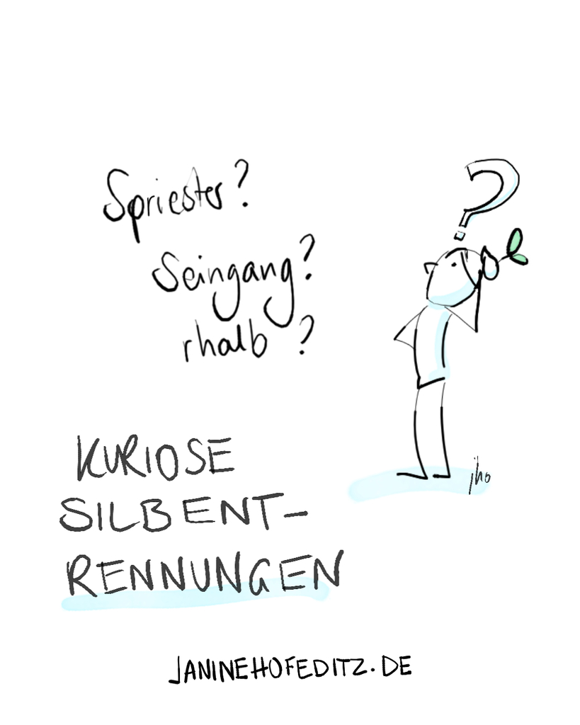 Bild zeigt eine Figur mit einem Fragezeichen über dem Kopf mit den Worten Spriester? Seingang? rhalb? und der Überschrift: Kuriose Silbentrennungen
