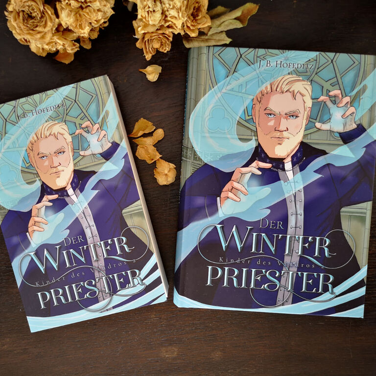 Hardcover und Taschenbuch des queeren Fantasy-Roman Der Winterpriester von J.B. Hofeditz
